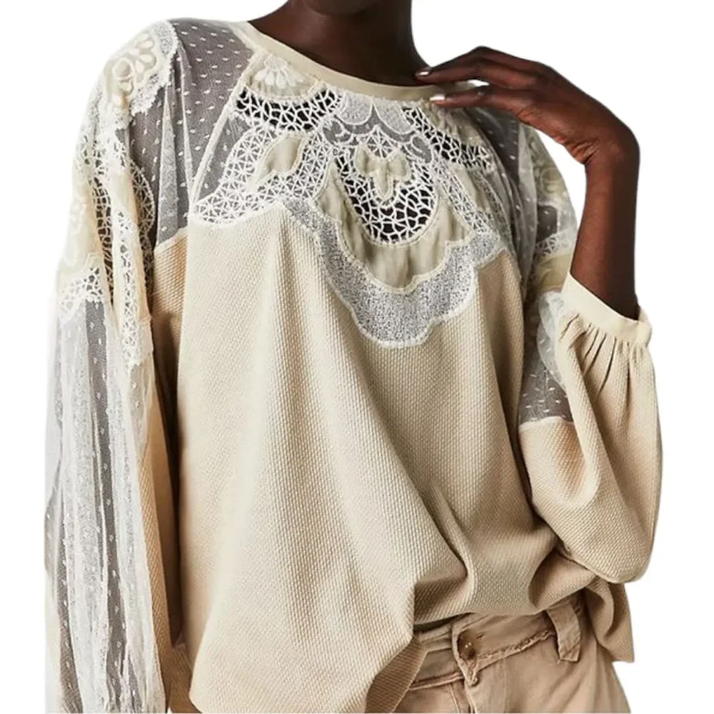 Free People Toni Boho Tunic Beige Lace Thermal Flowy Oversized Top Size Small